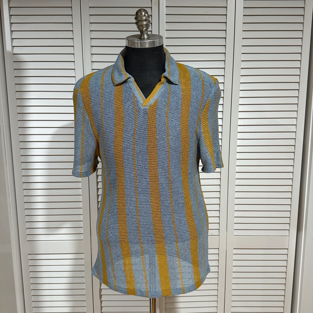 Striped Knit Polo Shirt in Blue and Mustard